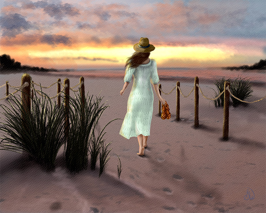 Home 'At the End of Her Day" a digital narrative scene of a woman on the beach at sunset.