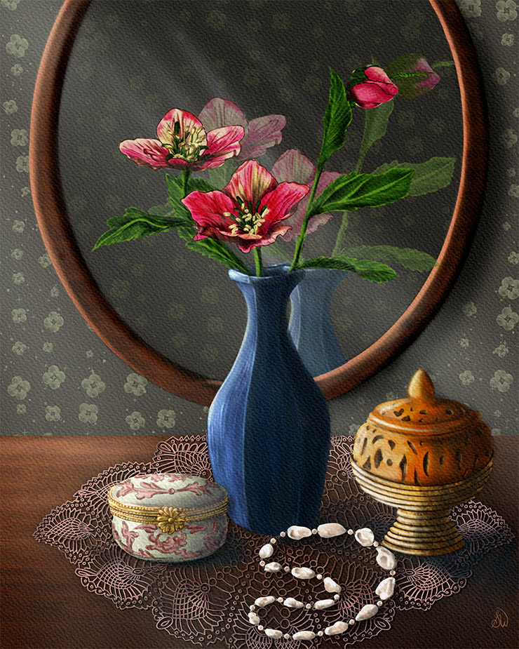 Home "Lenten Rose Reflection" a still life digital painting.