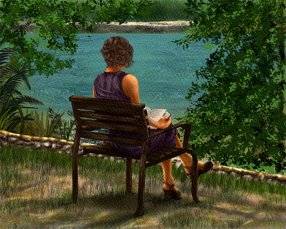 Home "Nature, a Good Book, and a Park Bench" a digital narrative painting.