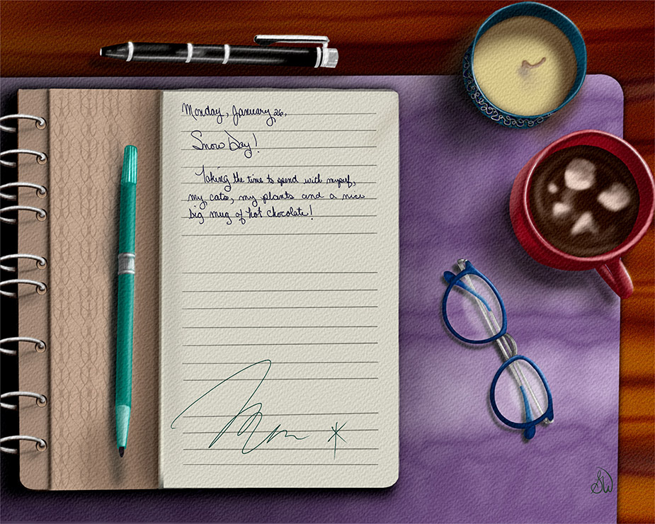 Home "Snow Day Journal Entry" a digital narrative still life.