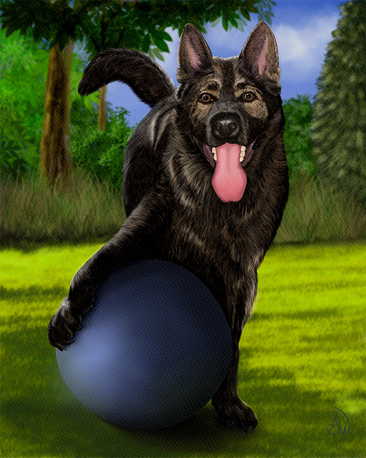 Home Digital pet portrait, "German Shepherd, Rooster", a commissioned portrait.