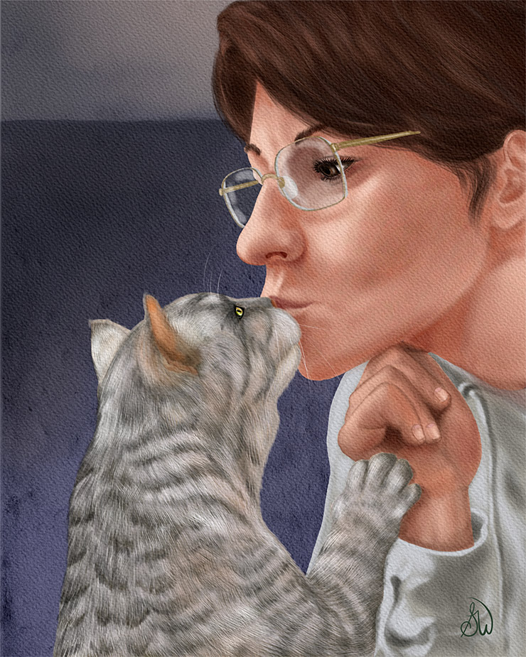 Home "Pure Love" digital portrait of a woman and her pet cat in a loving moment.